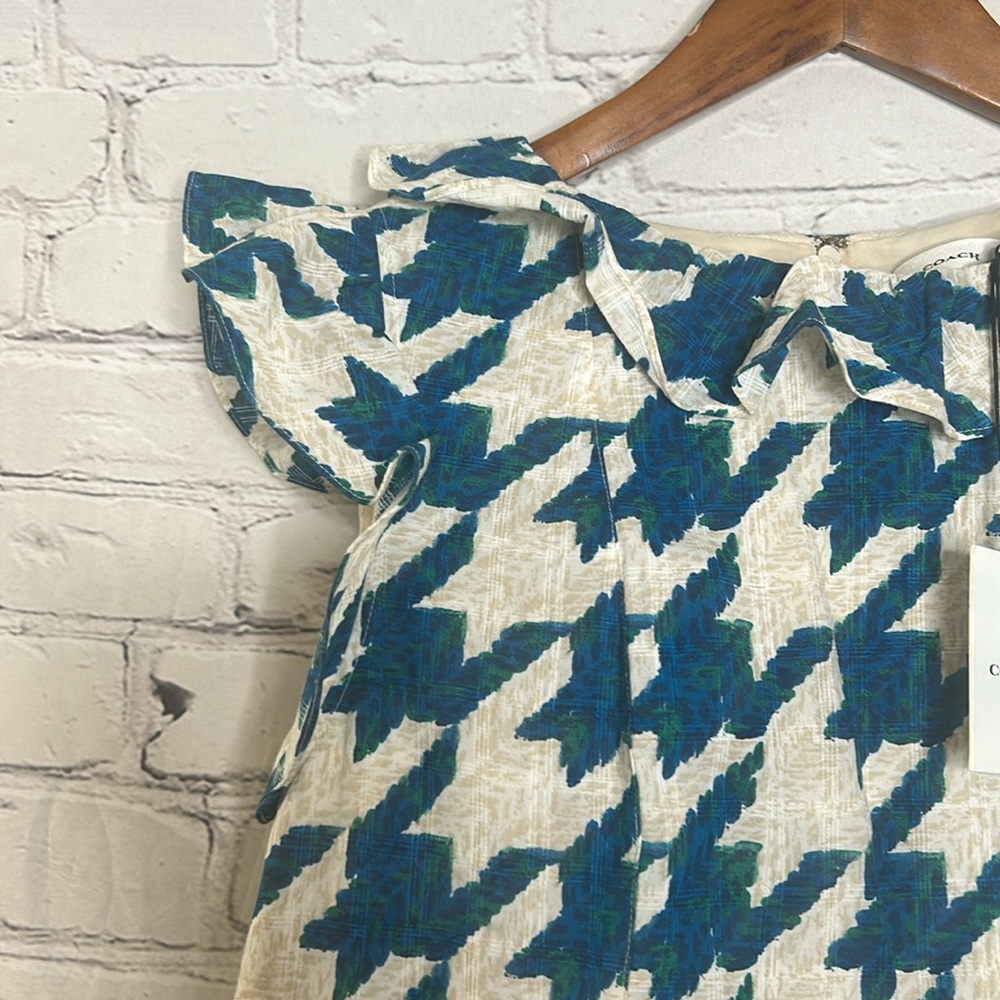 Coach Teal Blue Cream Houndstooth Ruffle Dress Size 2 Brand New W/Tags - Picture 3 of 16